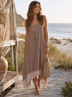 Aria Handmade Asymmetrical Layered Sleeveless Dress Taupe Large Bohemian Coastal